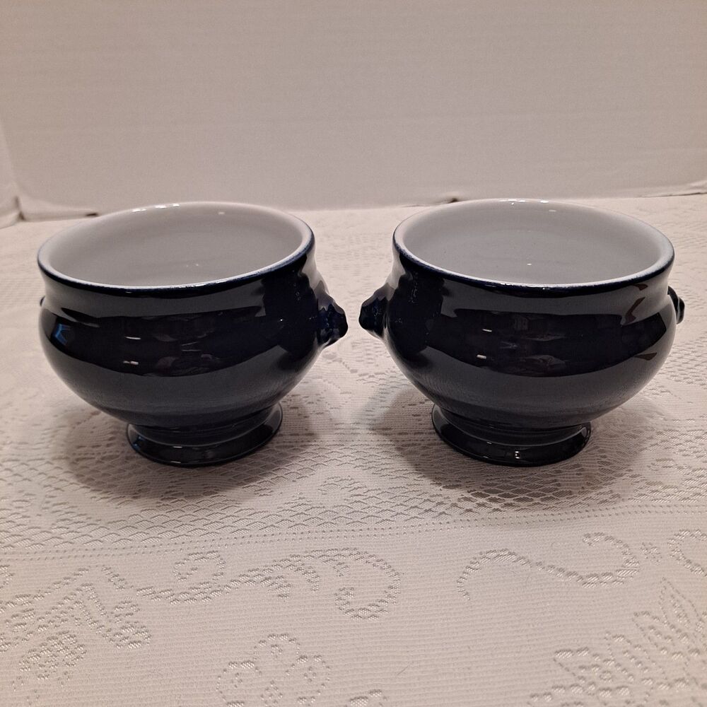 EMILE HENRY Footed Lion Head French Soup Bowl 6600 Cobalt Blue 4"x3.5" Set Of 2 - Picture 5 of 9